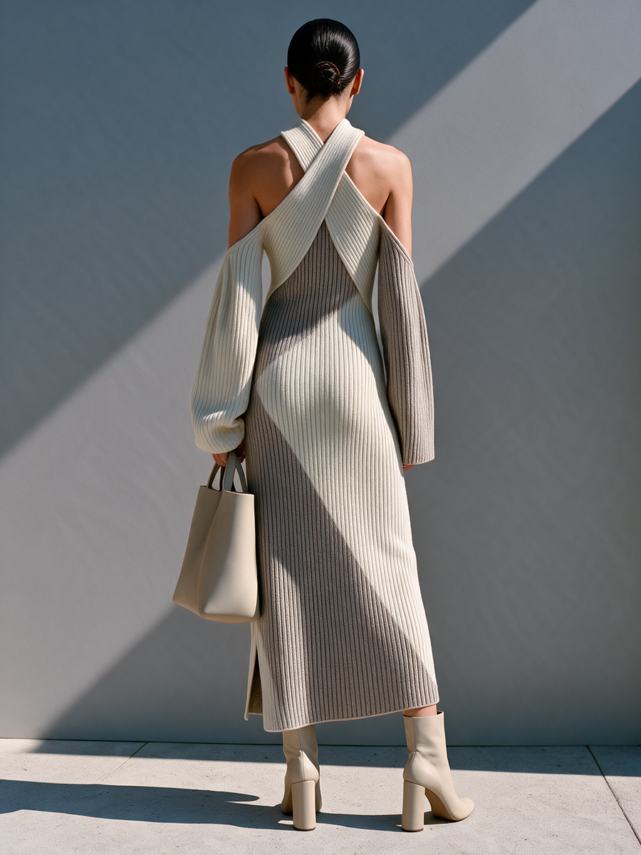Women's Off-white & Grey Color-block Halter Knit Maxi Dress