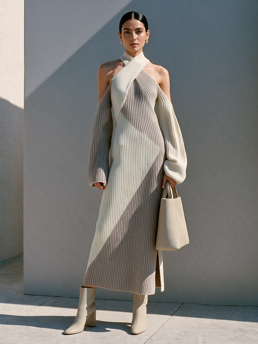 Women's Off-white & Grey Color-block Halter Knit Maxi Dress
