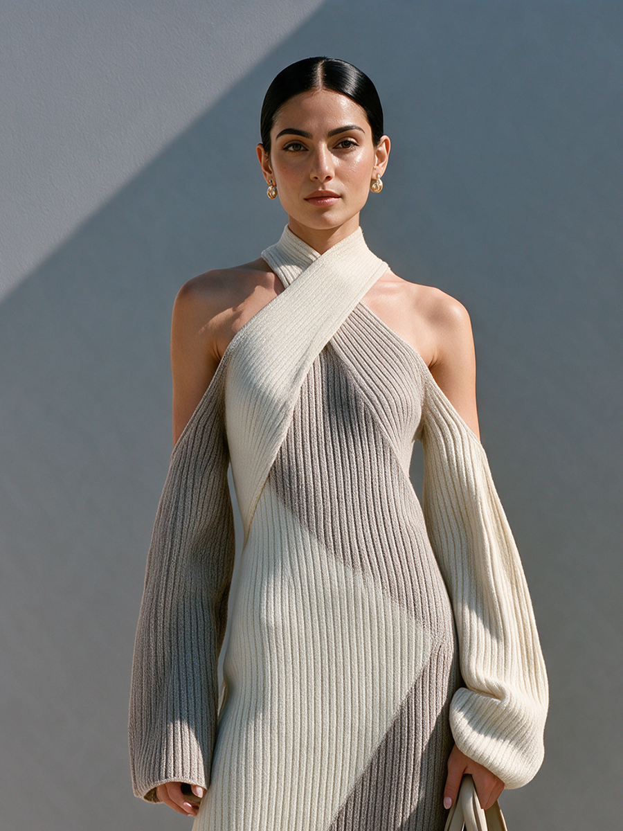 Women's Off-white & Grey Color-block Halter Knit Maxi Dress