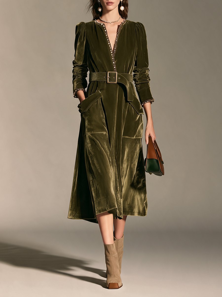 Product Name: Women's Olive Green Velvet Long-Sleeve Waisted Midi Dress