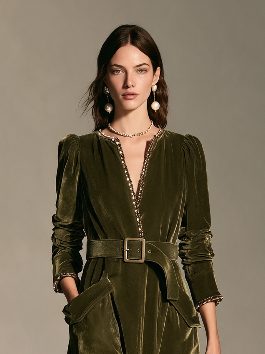 Product Name: Women's Olive Green Velvet Long-Sleeve Waisted Midi Dress
