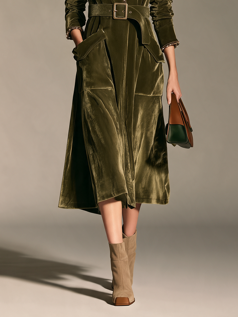 Product Name: Women's Olive Green Velvet Long-Sleeve Waisted Midi Dress