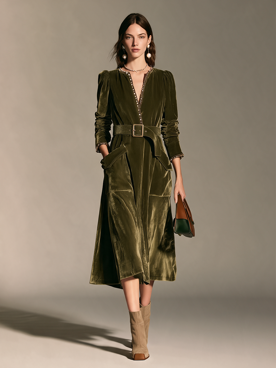 Product Name: Women's Olive Green Velvet Long-Sleeve Waisted Midi Dress