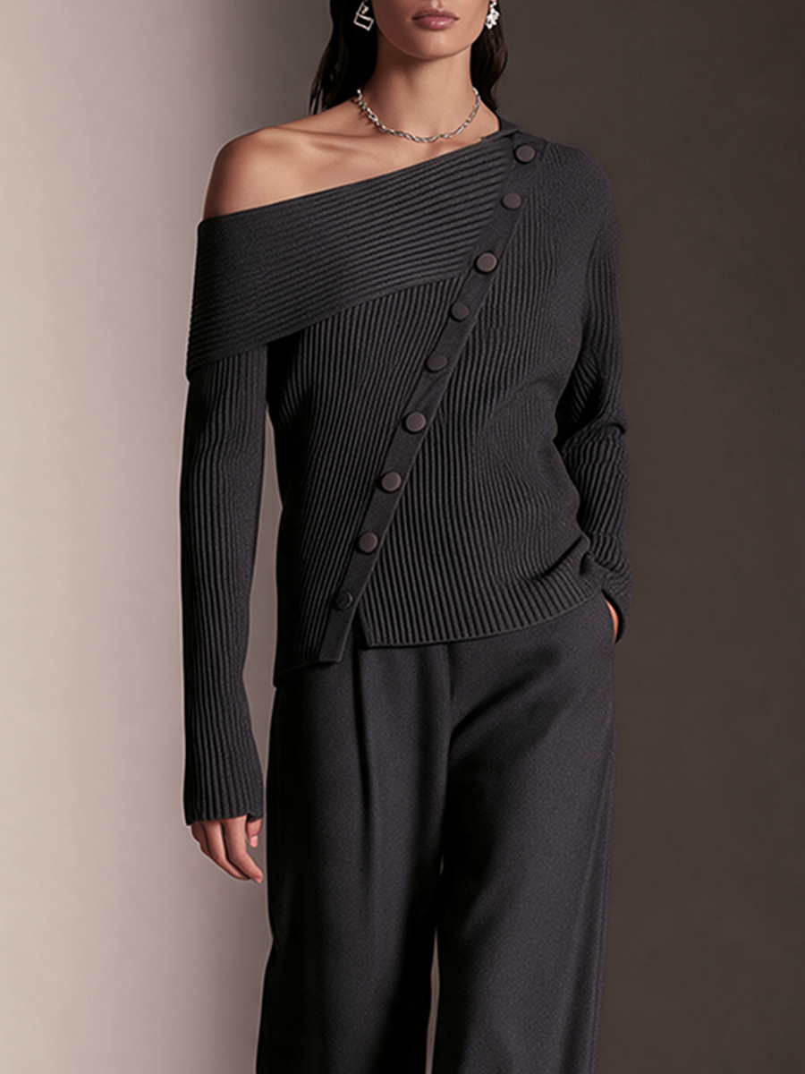 Women's Dark Grey Diagonal‑Button Off‑Shoulder Long‑Sleeve Knit Top