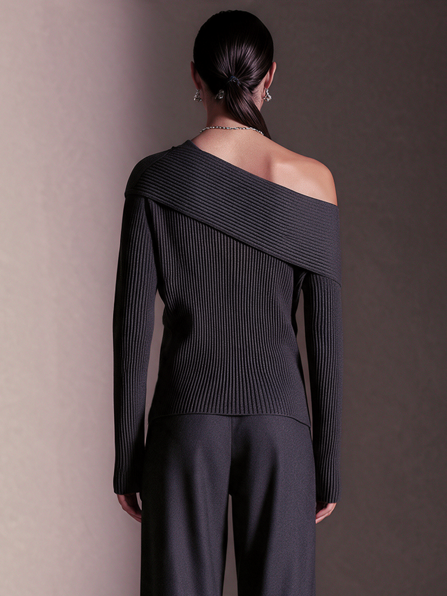 Women's Dark Grey Diagonal‑Button Off‑Shoulder Long‑Sleeve Knit Top