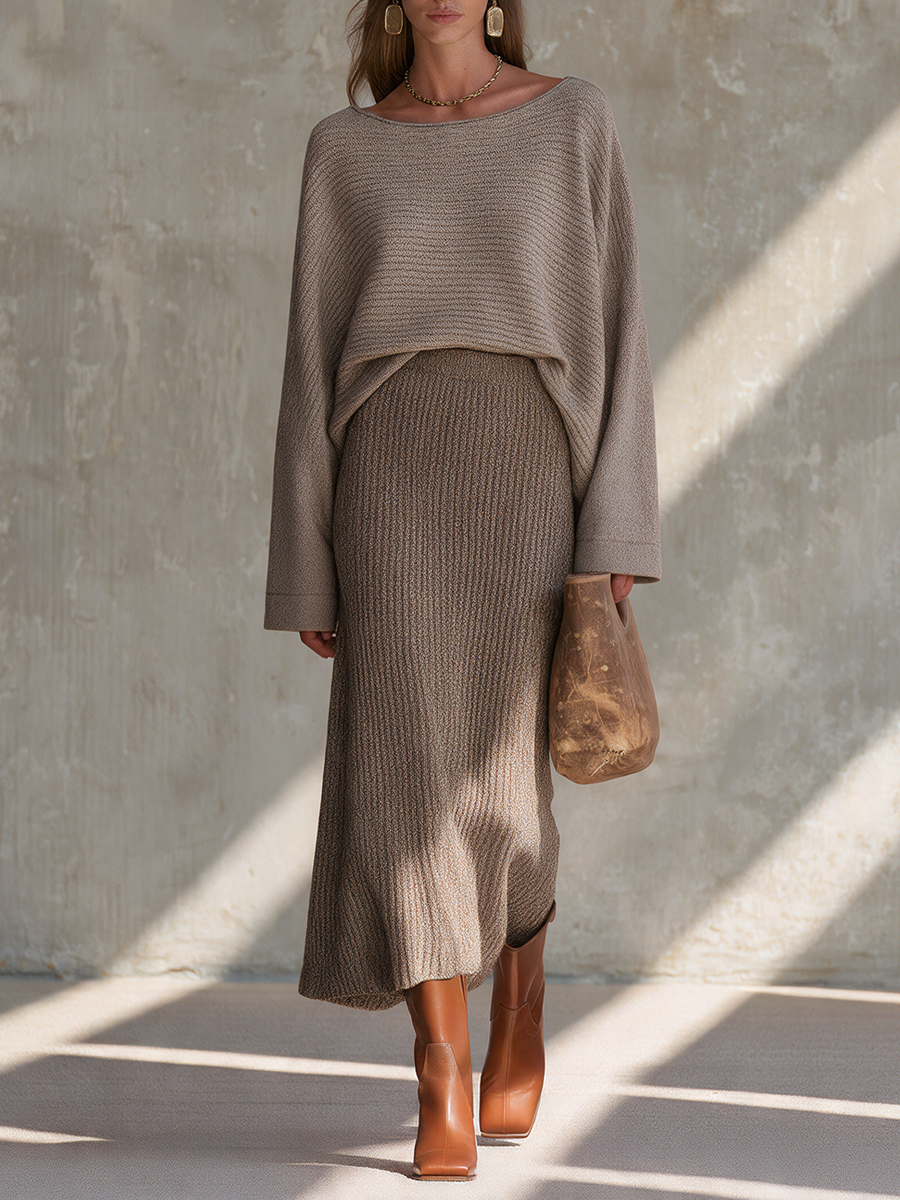 Women's Boat-Neck Drop-Shoulder Relaxed Top & Ribbed Mermaid Maxi Skirt Wool-Knit Set