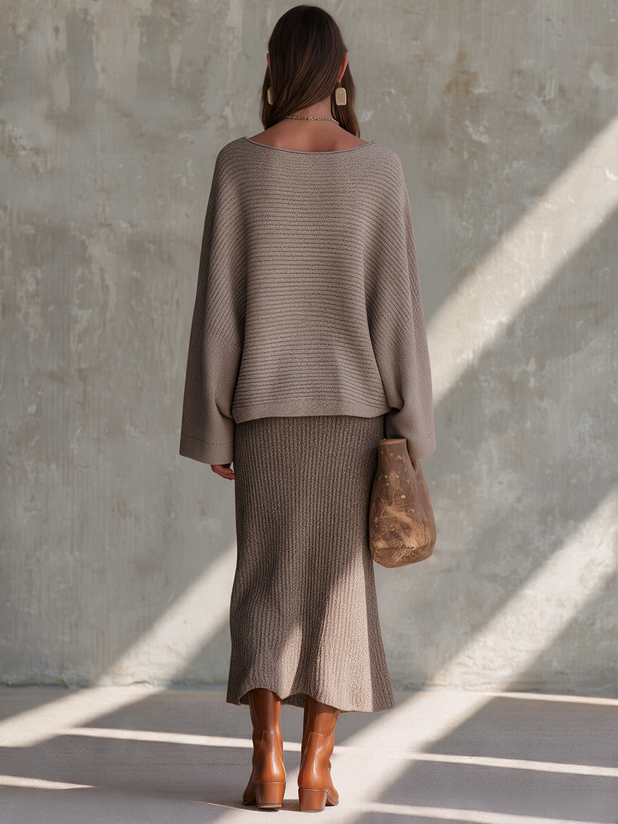 Women's Boat-Neck Drop-Shoulder Relaxed Top & Ribbed Mermaid Maxi Skirt Wool-Knit Set