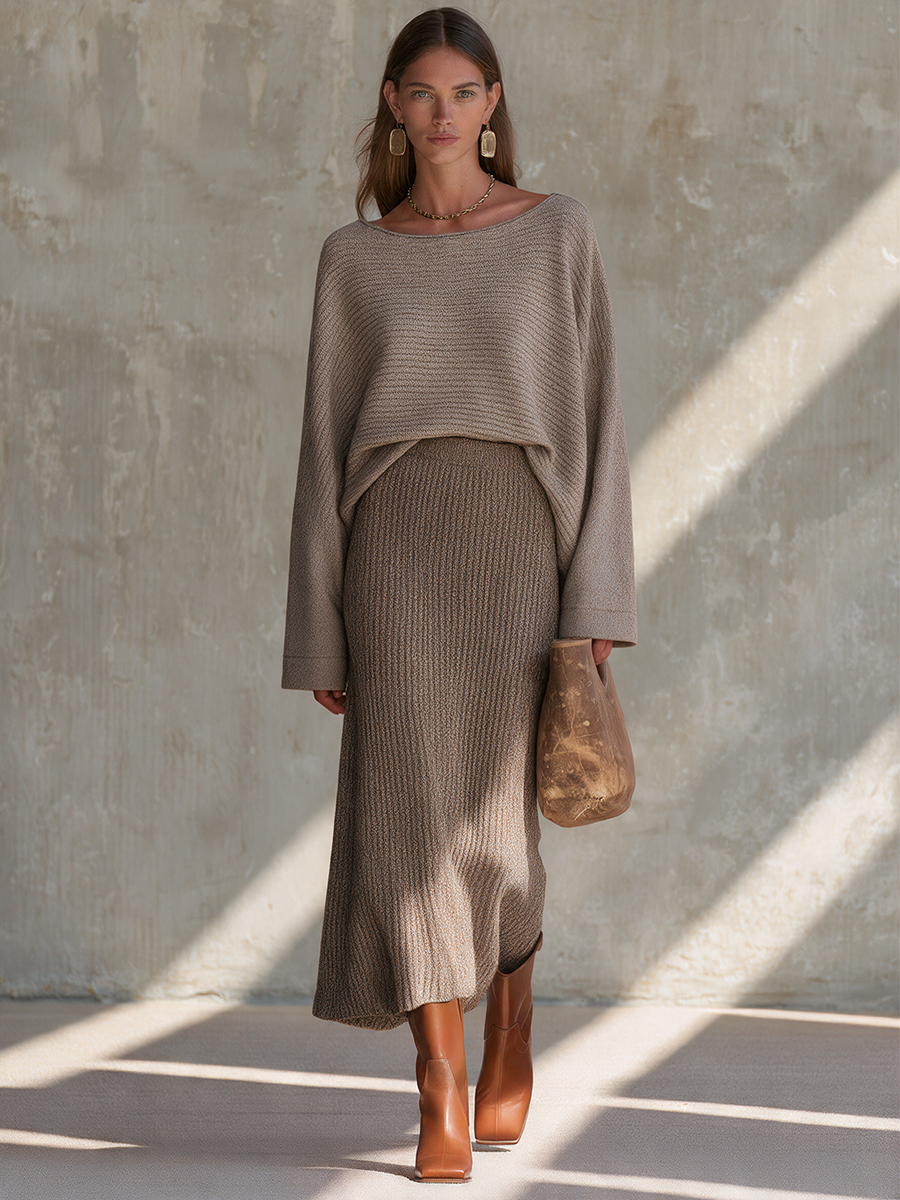 Women's Boat-Neck Drop-Shoulder Relaxed Top & Ribbed Mermaid Maxi Skirt Wool-Knit Set