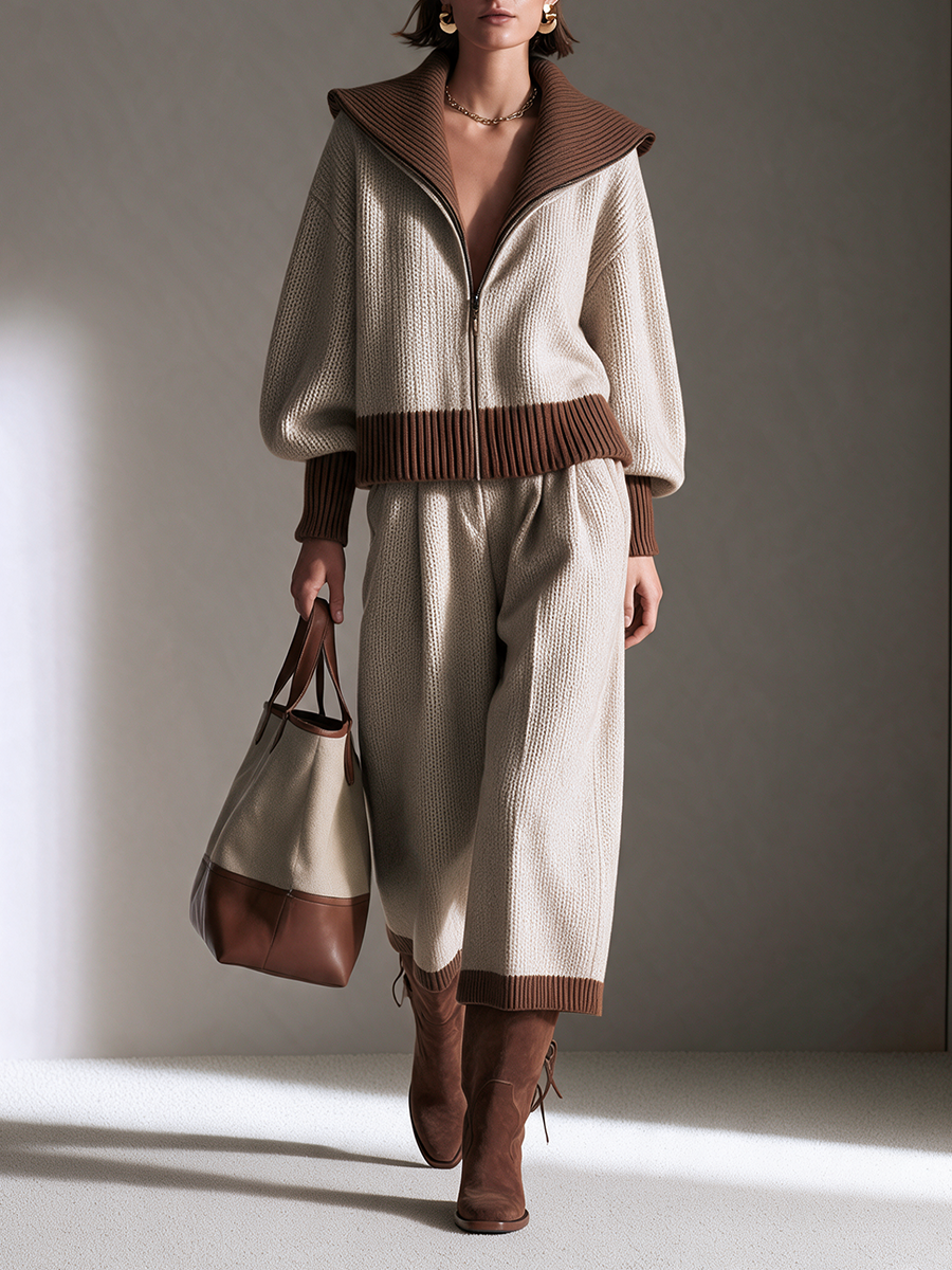Women's Collared Zip-Front Drop-Shoulder Top & Contrast-Trim Wide-Leg Trouser Wool-Knit Set