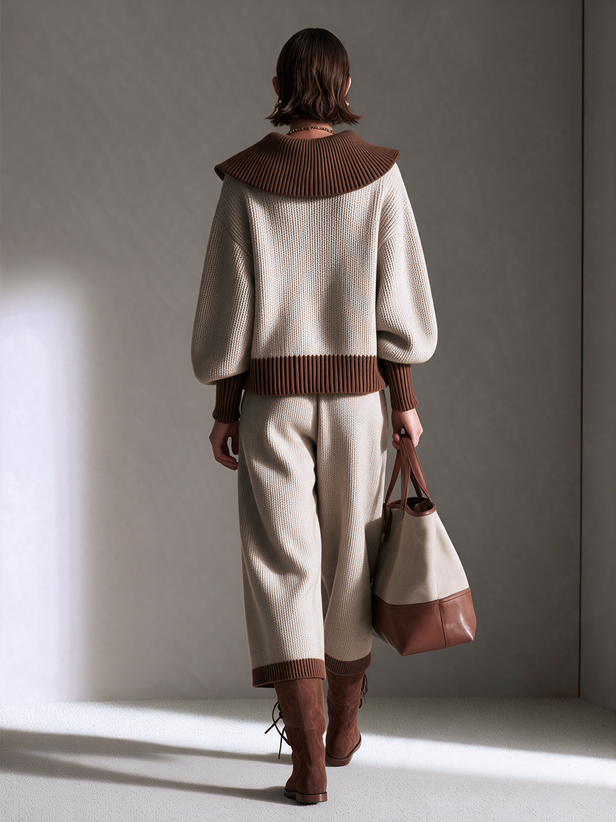 Women's Collared Zip-Front Drop-Shoulder Top & Contrast-Trim Wide-Leg Trouser Wool-Knit Set