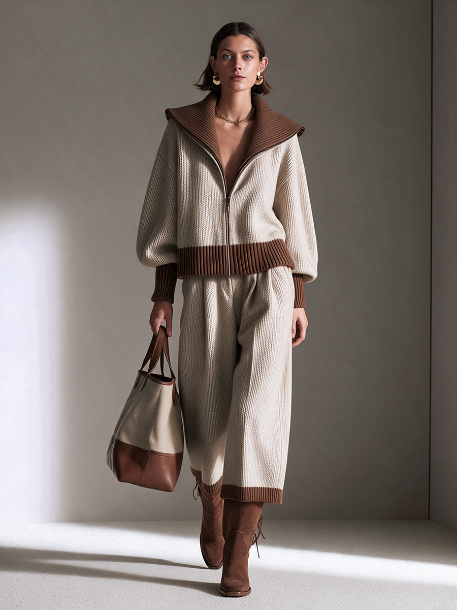 Women's Collared Zip-Front Drop-Shoulder Top & Contrast-Trim Wide-Leg Trouser Wool-Knit Set