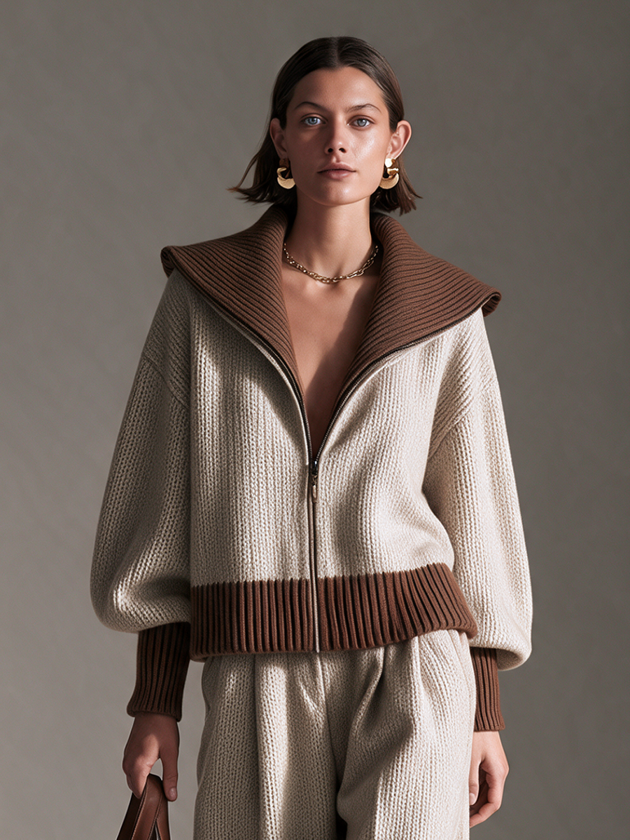Women's Collared Zip-Front Drop-Shoulder Top & Contrast-Trim Wide-Leg Trouser Wool-Knit Set