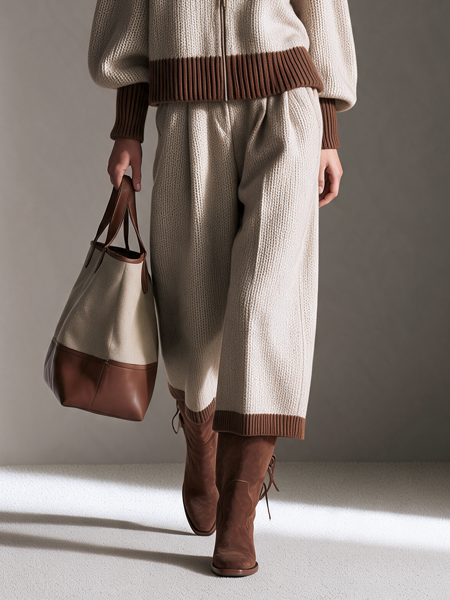 Women's Collared Zip-Front Drop-Shoulder Top & Contrast-Trim Wide-Leg Trouser Wool-Knit Set