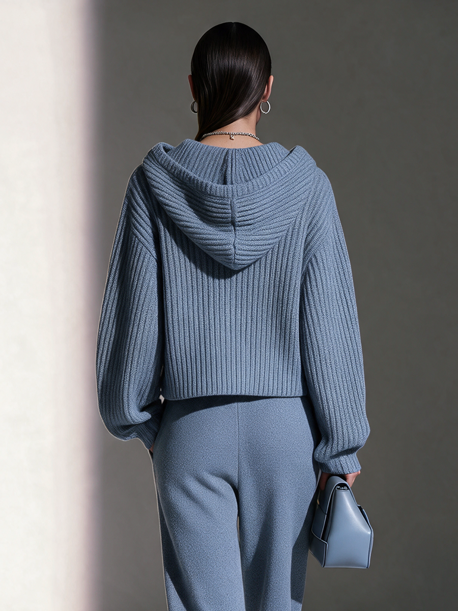 Women's Dusty Blue Hooded Long-Sleeve Knit Cardigan