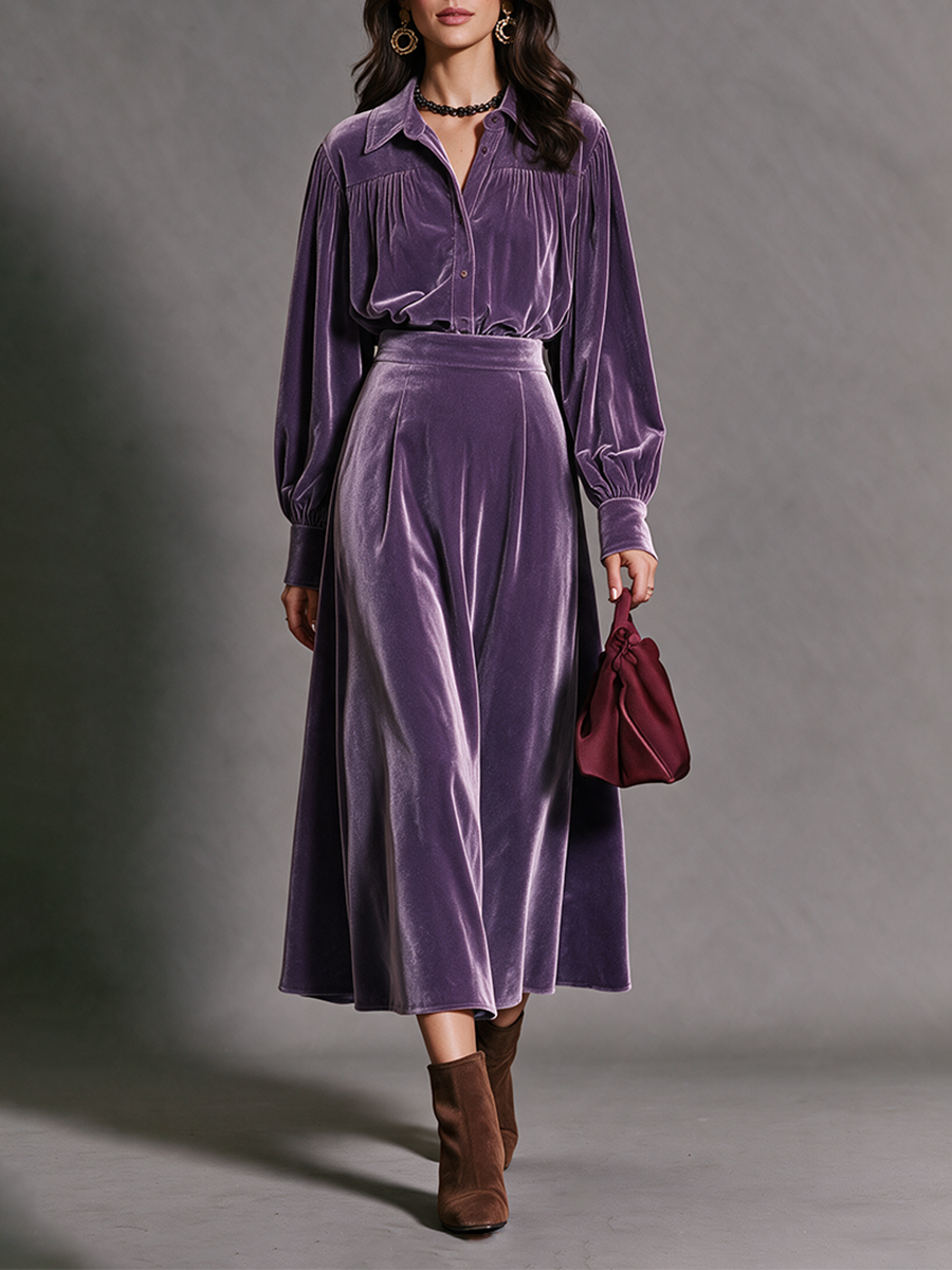 Women's Purple Velvet Shirt Top & High‑Waist A‑Line Midi Skirt Set