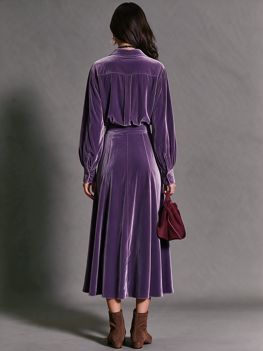 Women's Purple Velvet Shirt Top & High‑Waist A‑Line Midi Skirt Set