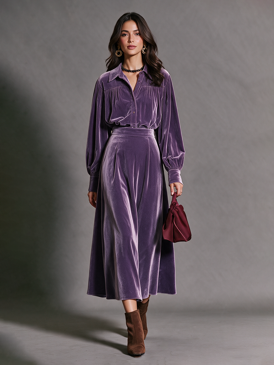 Women's Purple Velvet Shirt Top & High‑Waist A‑Line Midi Skirt Set