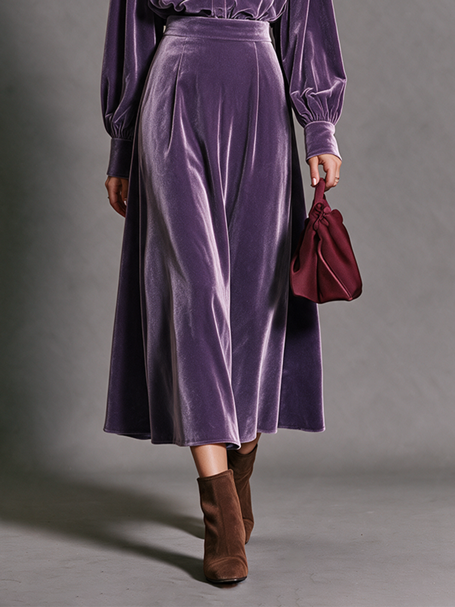 Women's Purple Velvet Shirt Top & High‑Waist A‑Line Midi Skirt Set