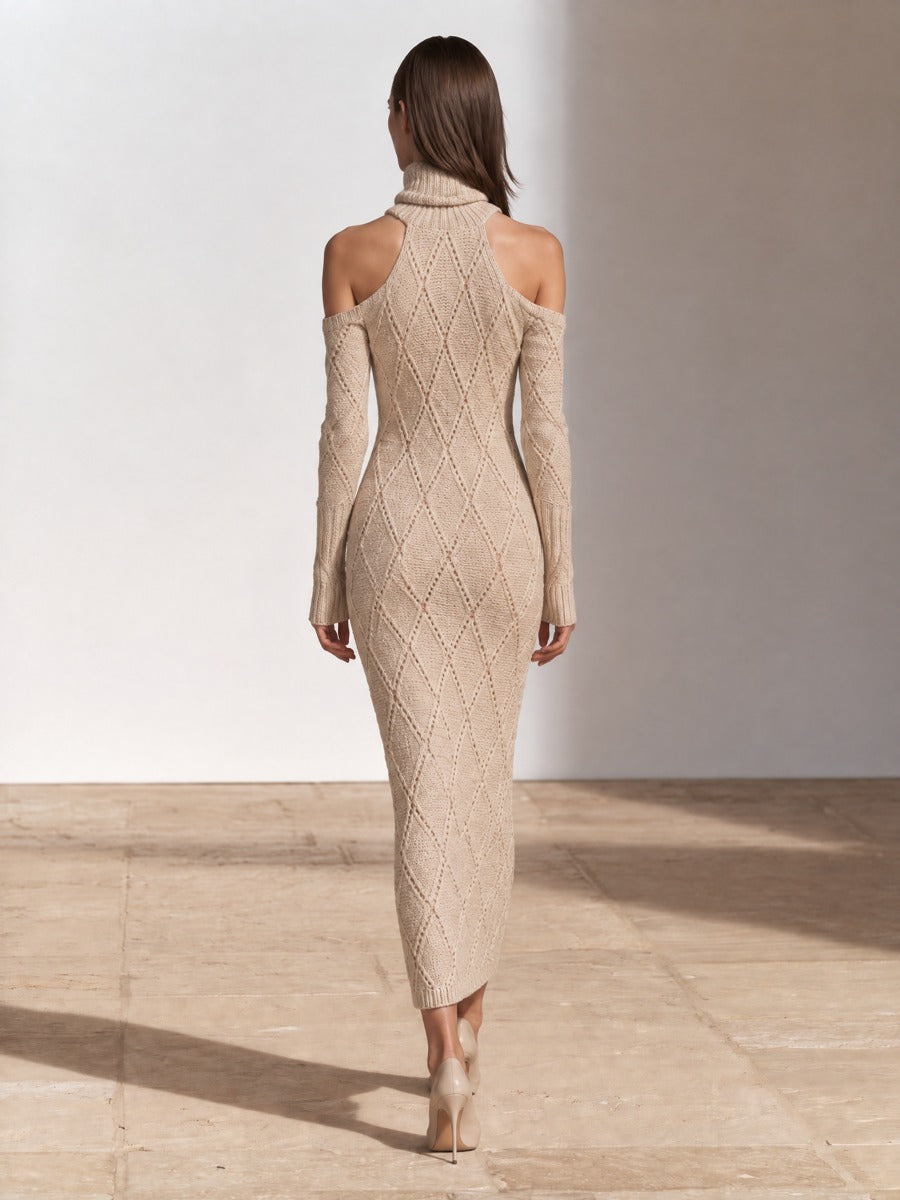 Women's Cold-Shoulder Turtleneck Cable Knit Sweater Dress
