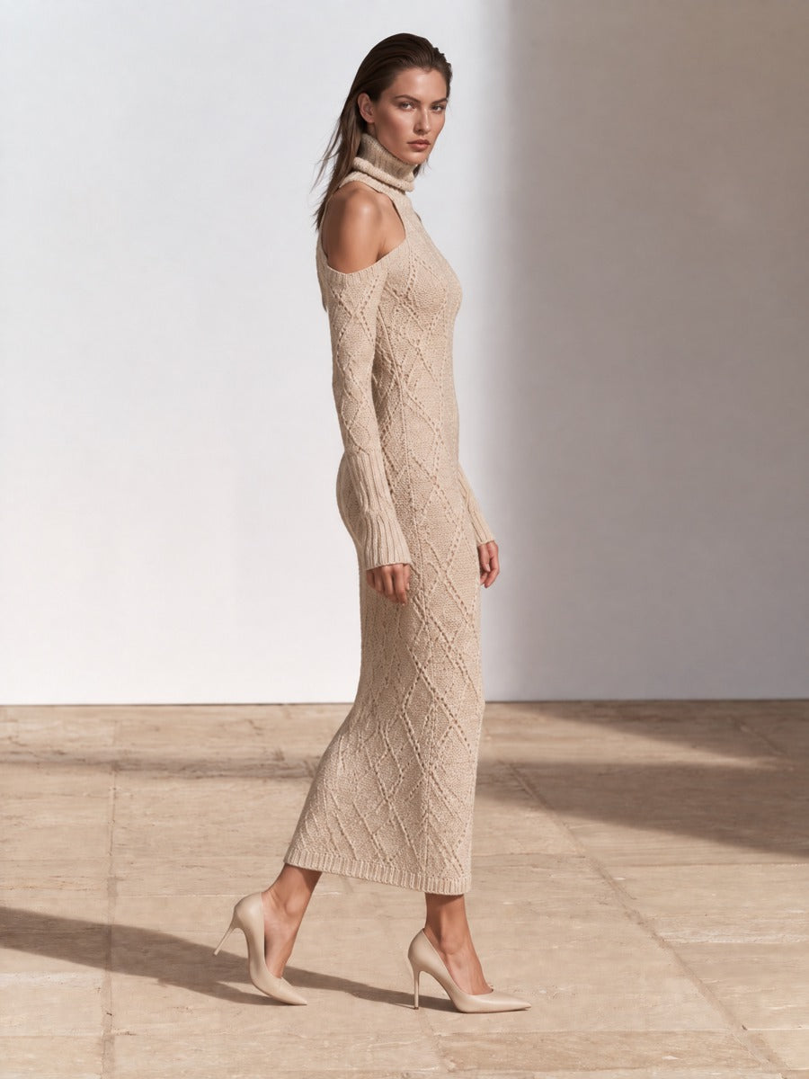 Women's Cold-Shoulder Turtleneck Cable Knit Sweater Dress