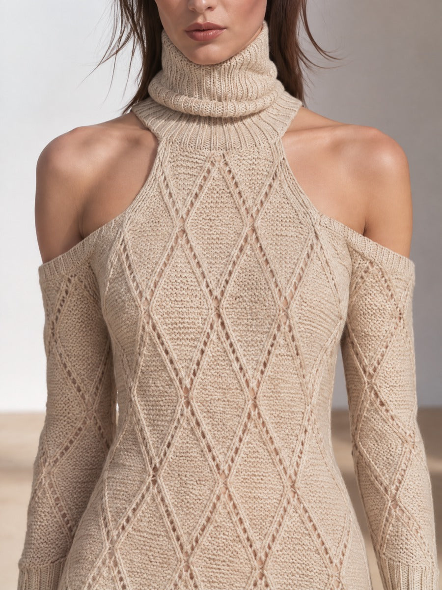 Women's Cold-Shoulder Turtleneck Cable Knit Sweater Dress