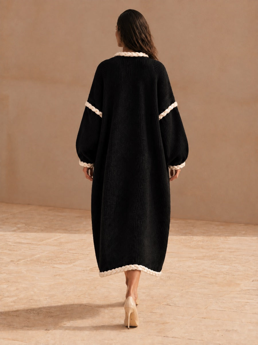 Women's Oversized Ribbed Knit Dress with Braided Rope Trim
