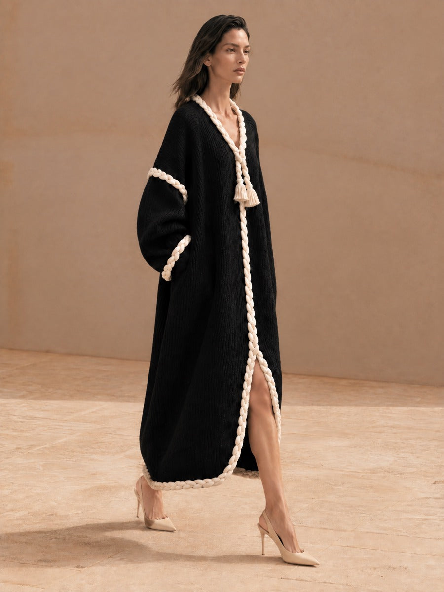 Women's Oversized Ribbed Knit Dress with Braided Rope Trim