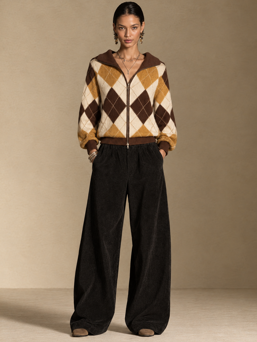 Women's Solid High-Waist Corduroy Wide-Leg Pants