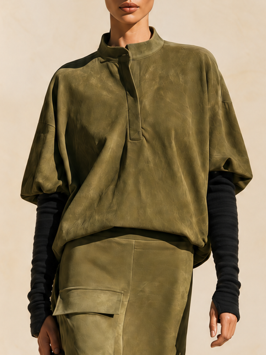 Women's Utility Cargo Pocket Suede Olive Midi Set