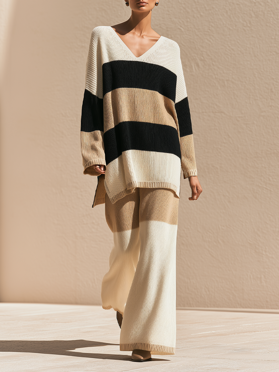 Women's Colorblock Oversized Sweater Wide-Leg Pants Set