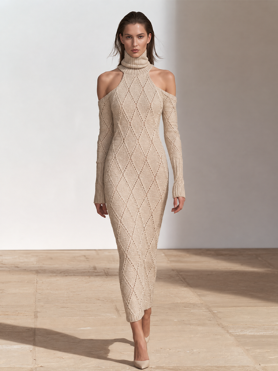 Women's Cold-Shoulder Turtleneck Cable Knit Sweater Dress