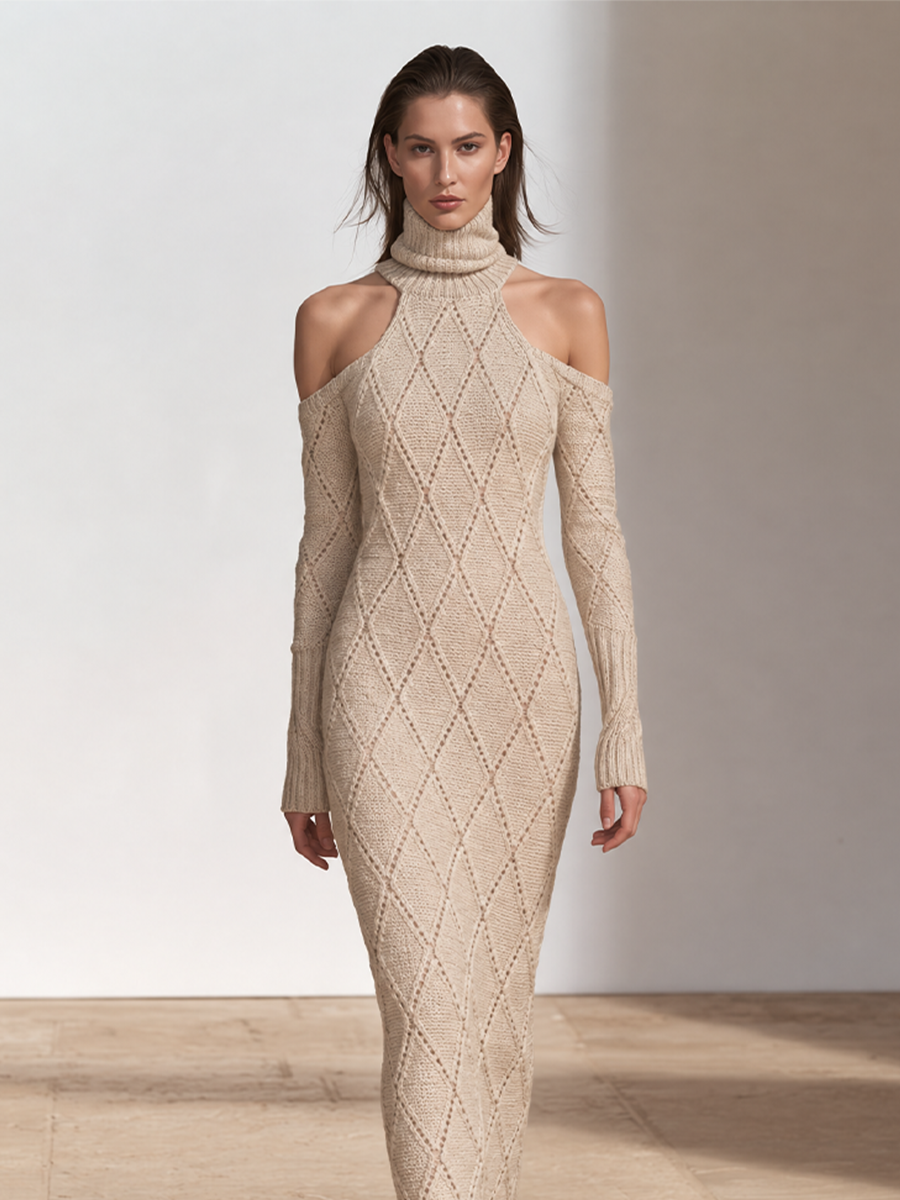 Women's Cold-Shoulder Turtleneck Cable Knit Sweater Dress