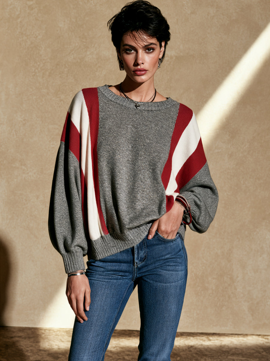 Women's Contrast Stripe Casual Round Neck Sweater