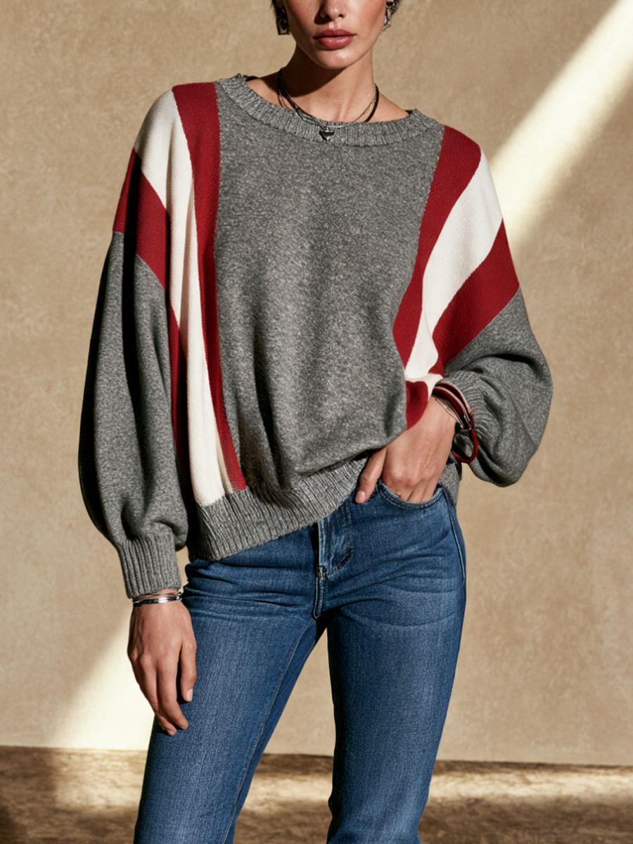 Women's Contrast Stripe Casual Round Neck Sweater