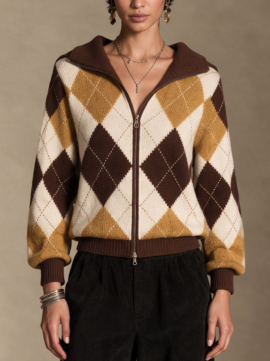 Women's Argyle Retro Lapel Zip Cardigan
