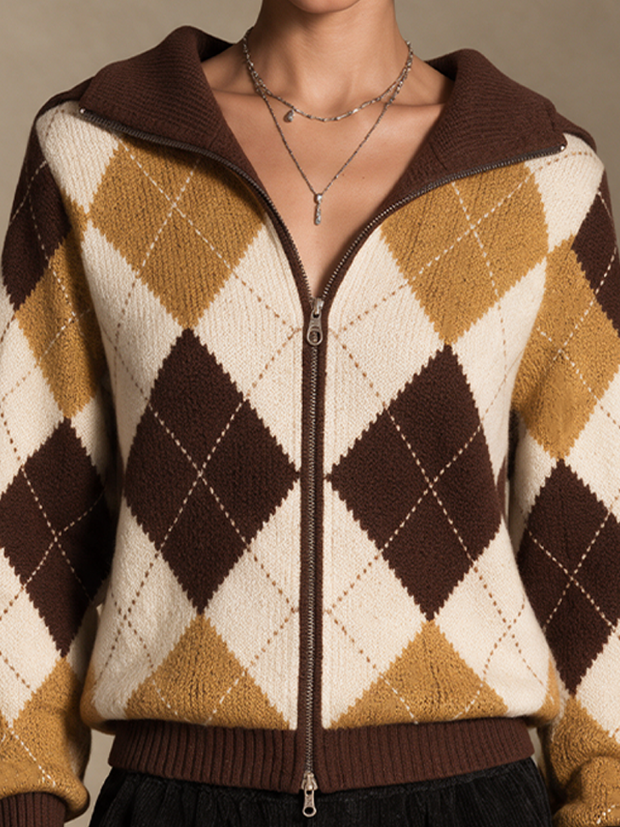 Women's Argyle Retro Lapel Zip Cardigan