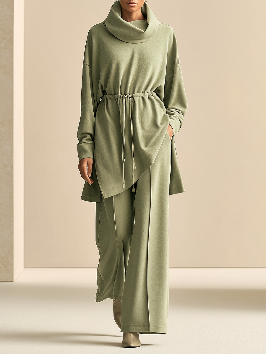 Women's Cowl Neck Drawstring Sage Green Set