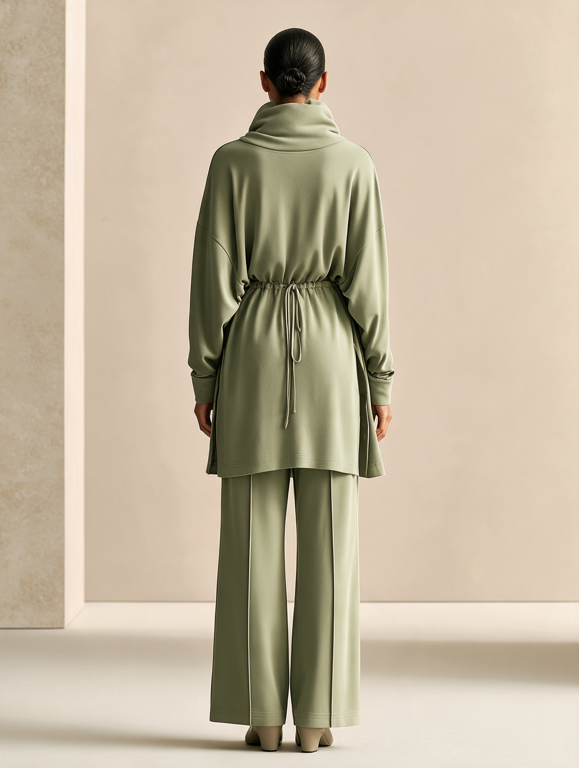 Women's Cowl Neck Drawstring Sage Green Set