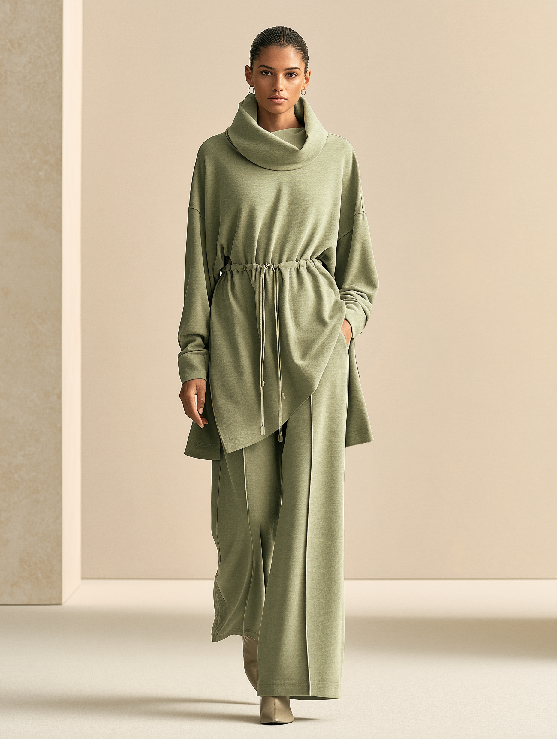 Women's Cowl Neck Drawstring Sage Green Set