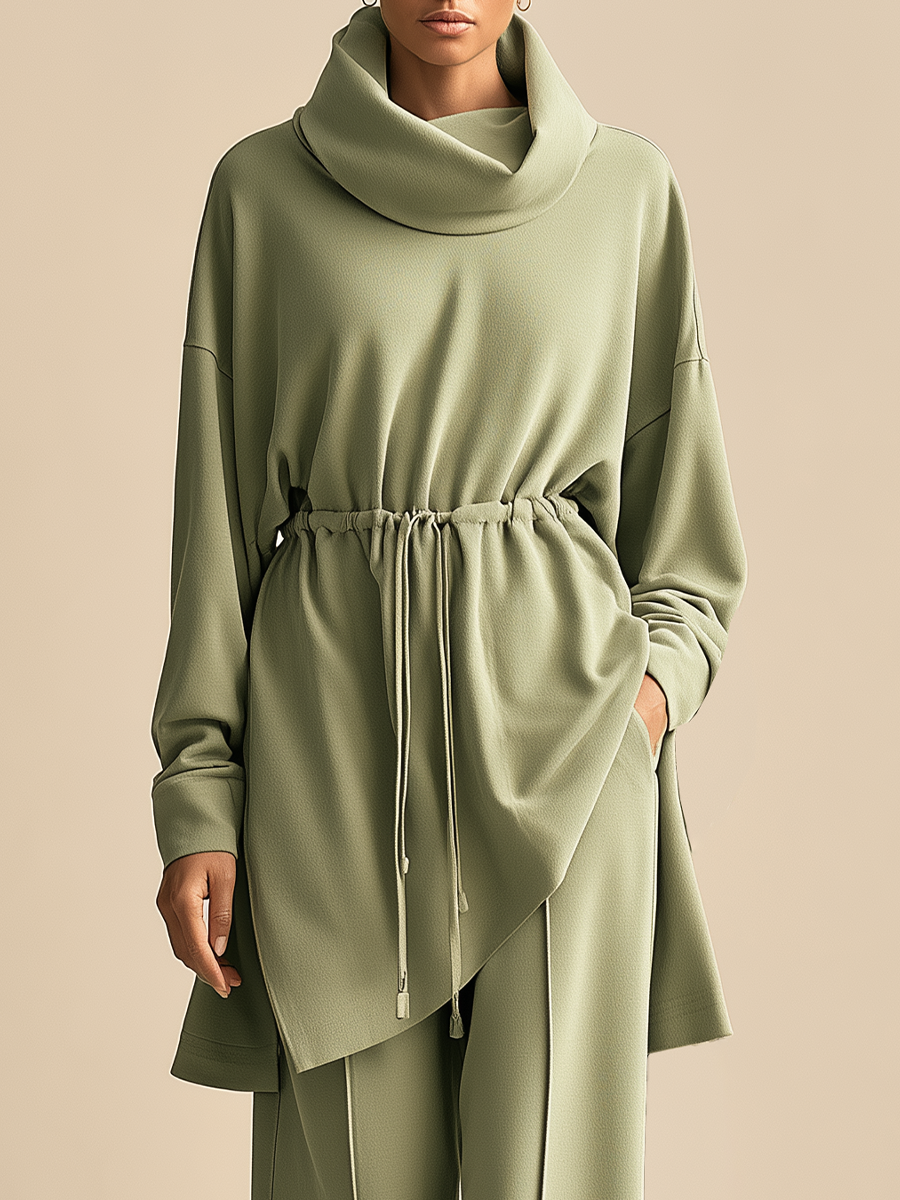 Women's Cowl Neck Drawstring Sage Green Set