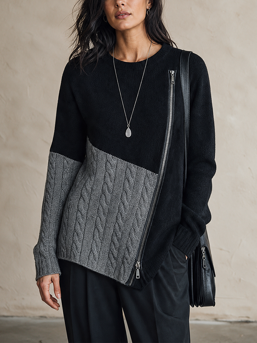 Women's Color-Blocked Asymmetric Zip Knit Cardigan