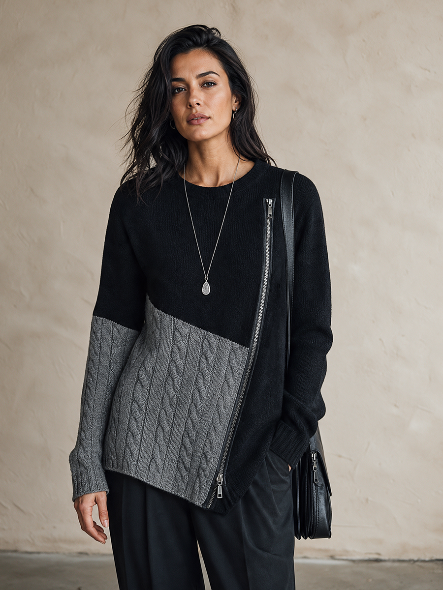 Women's Color-Blocked Asymmetric Zip Knit Cardigan
