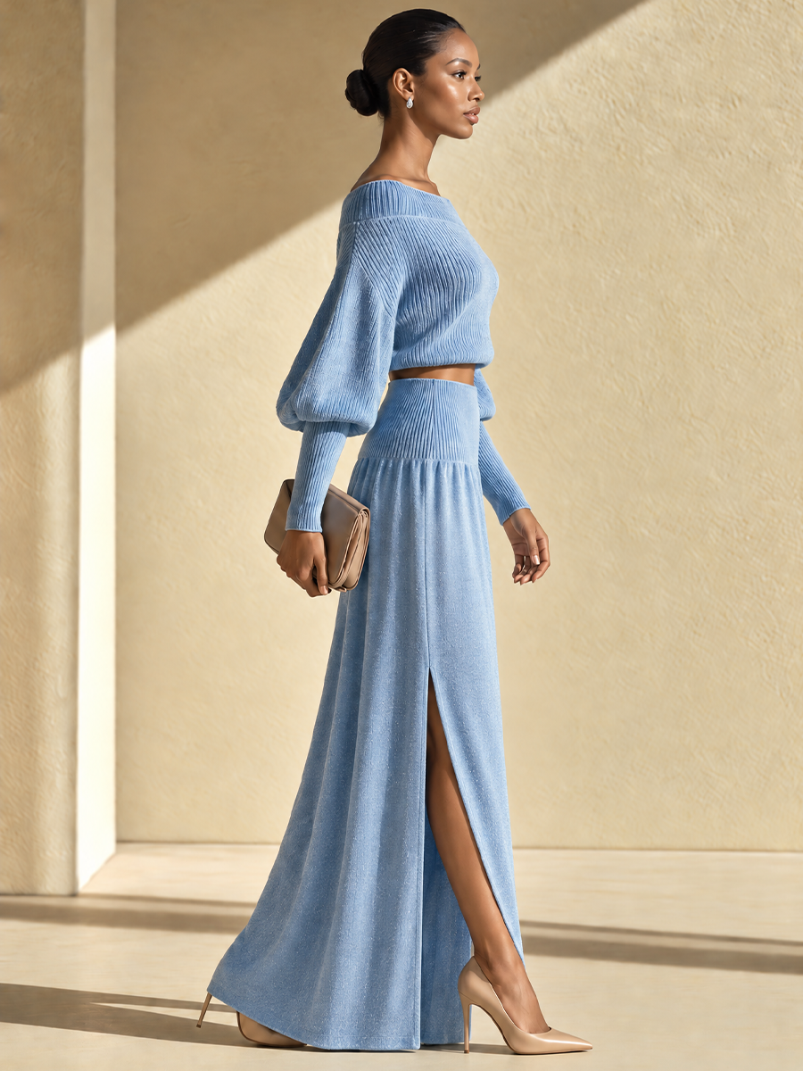 Women's Off-Shoulder Ribbed Knit Blue Maxi Set