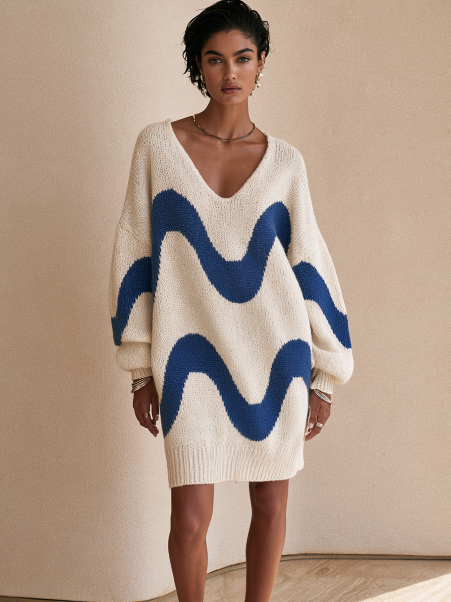 Women's Wave Print Relaxed V-Neck Knit Mini Dress
