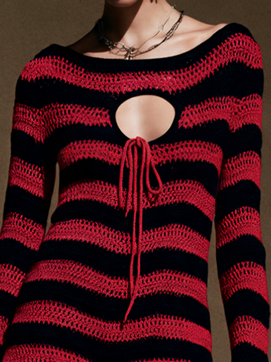 Women's Contrast Stripe Crochet Casual Mini Dress