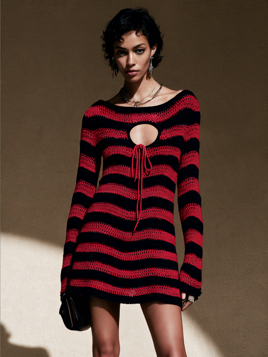 Women's Contrast Stripe Crochet Casual Mini Dress