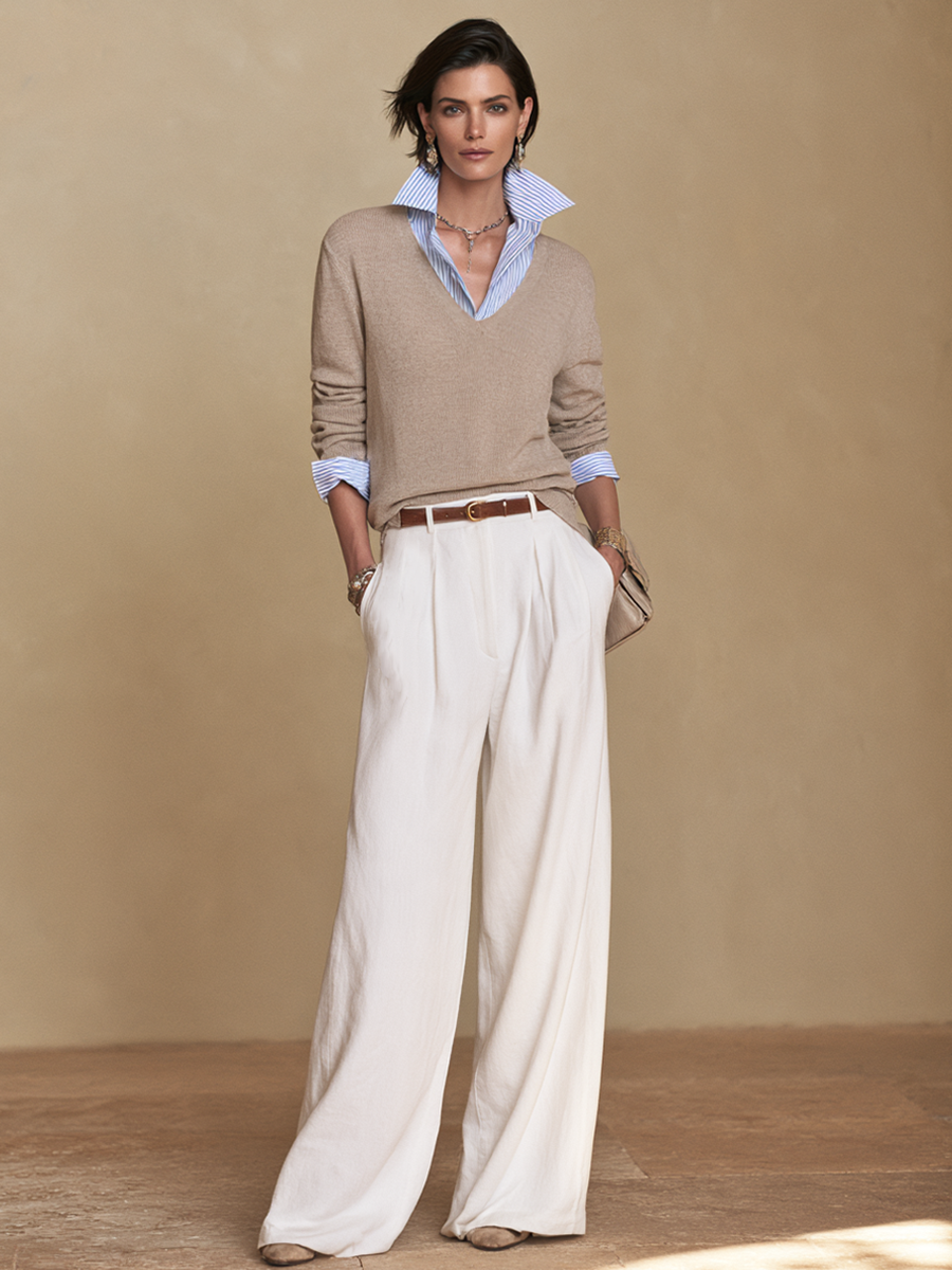 Women's Commuter Faux-Layered Sweater And Wide-Leg Pants Set