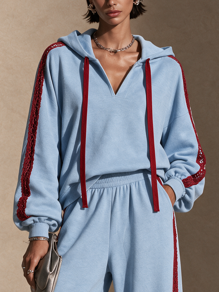 Women's Contrast Lace Trim Casual Hoodie Set