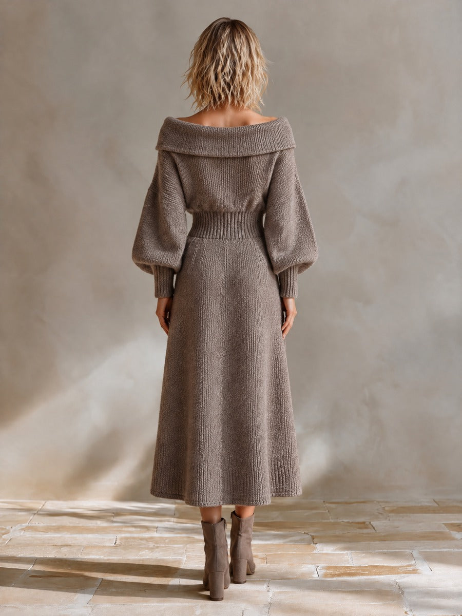 Women's Off Shoulder Knit Sweater Dress Long Sleeve A-Line Midi