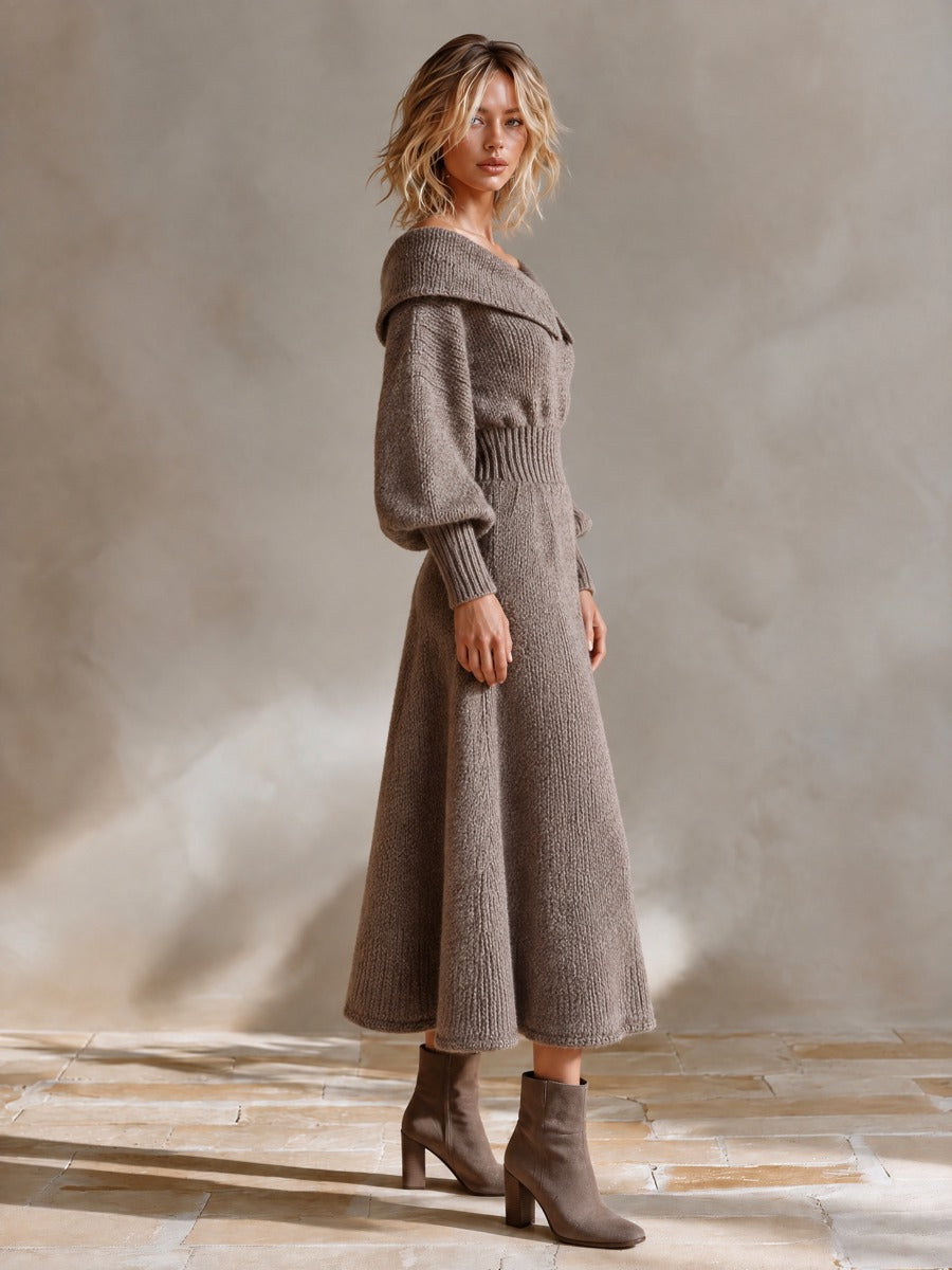 Women's Off Shoulder Knit Sweater Dress Long Sleeve A-Line Midi